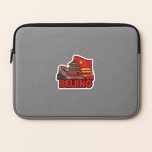 a gray laptop sleeve with a sticker depicting the iconic landmarks of Beijing, China.