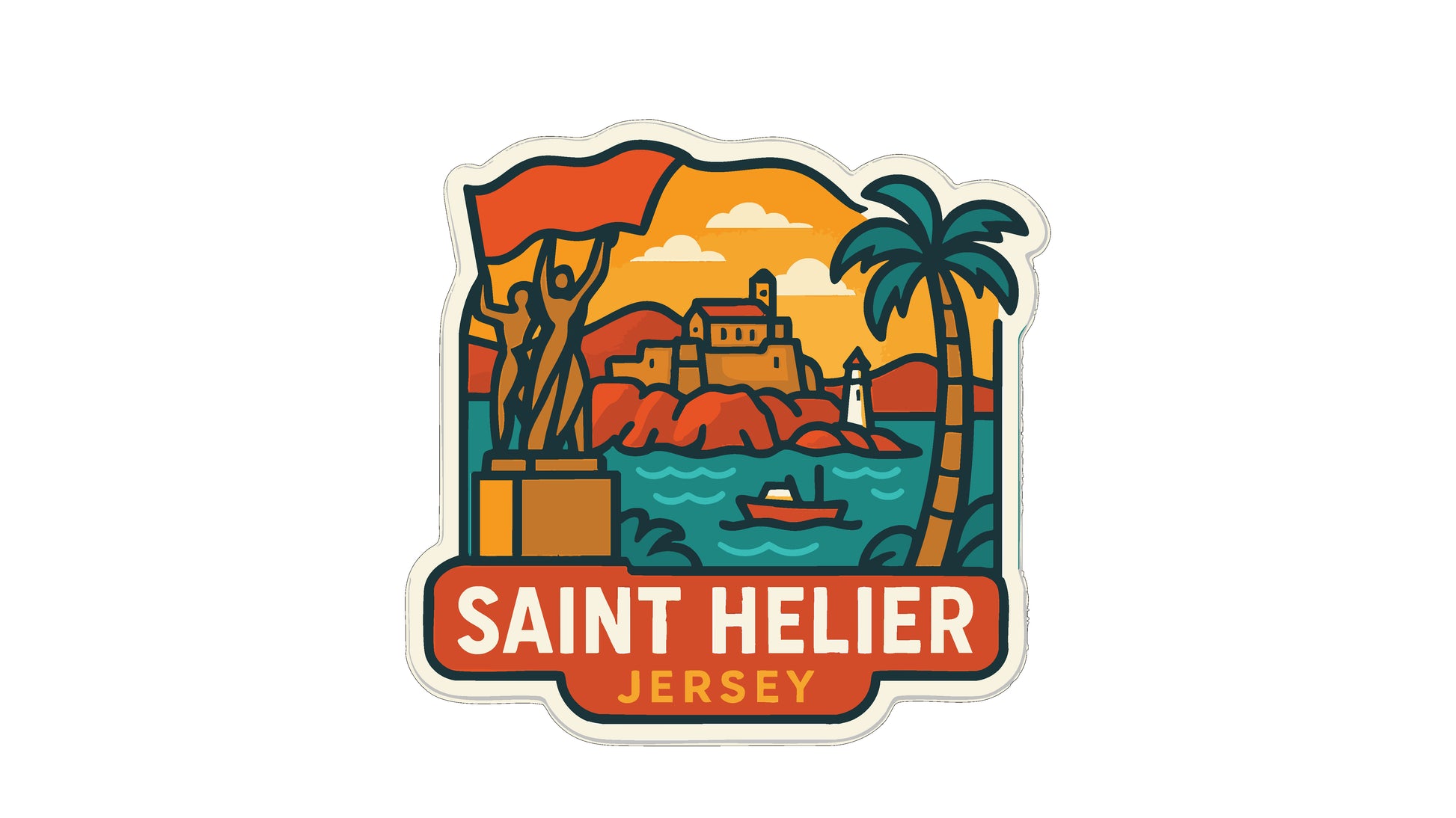 A sticker depicting a tropical island scene with a castle, palm trees, and a boat in the water.