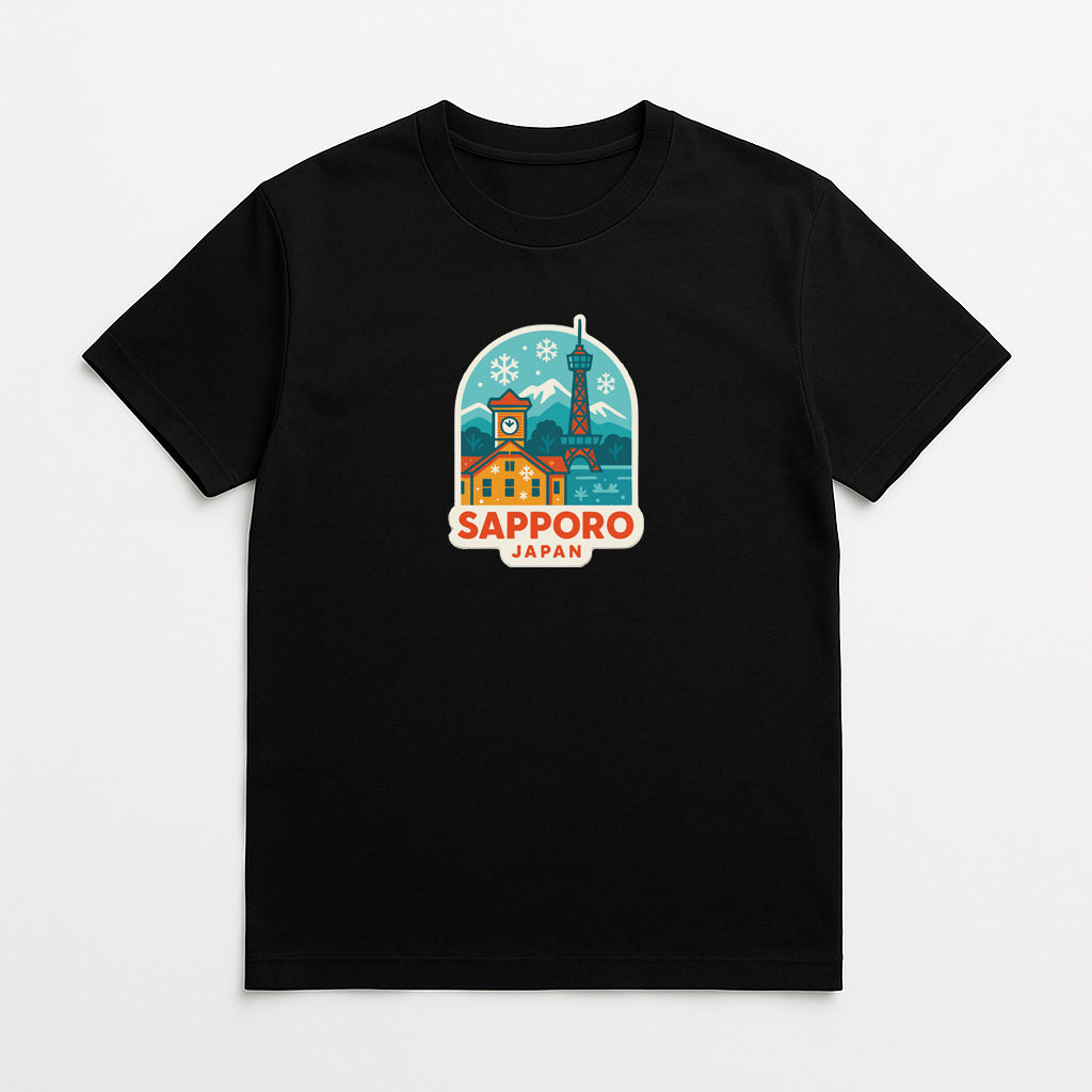 A black t-shirt with a graphic design depicting the Sapporo, Japan, landmark.