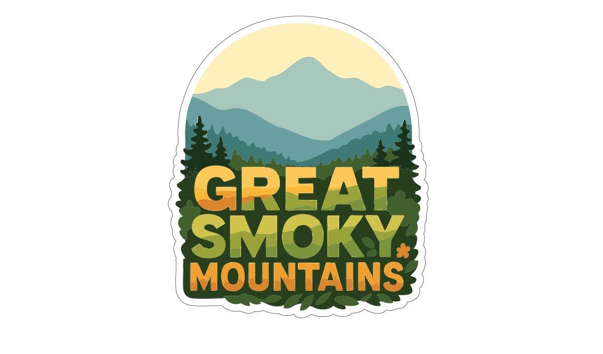 A sticker with a mountain landscape and the text "GREAT SMOKY MOUNTAINS" prominently displayed.