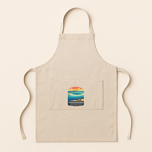 A beige apricot with a small graphic of a sunset on it, displayed against a plain background.