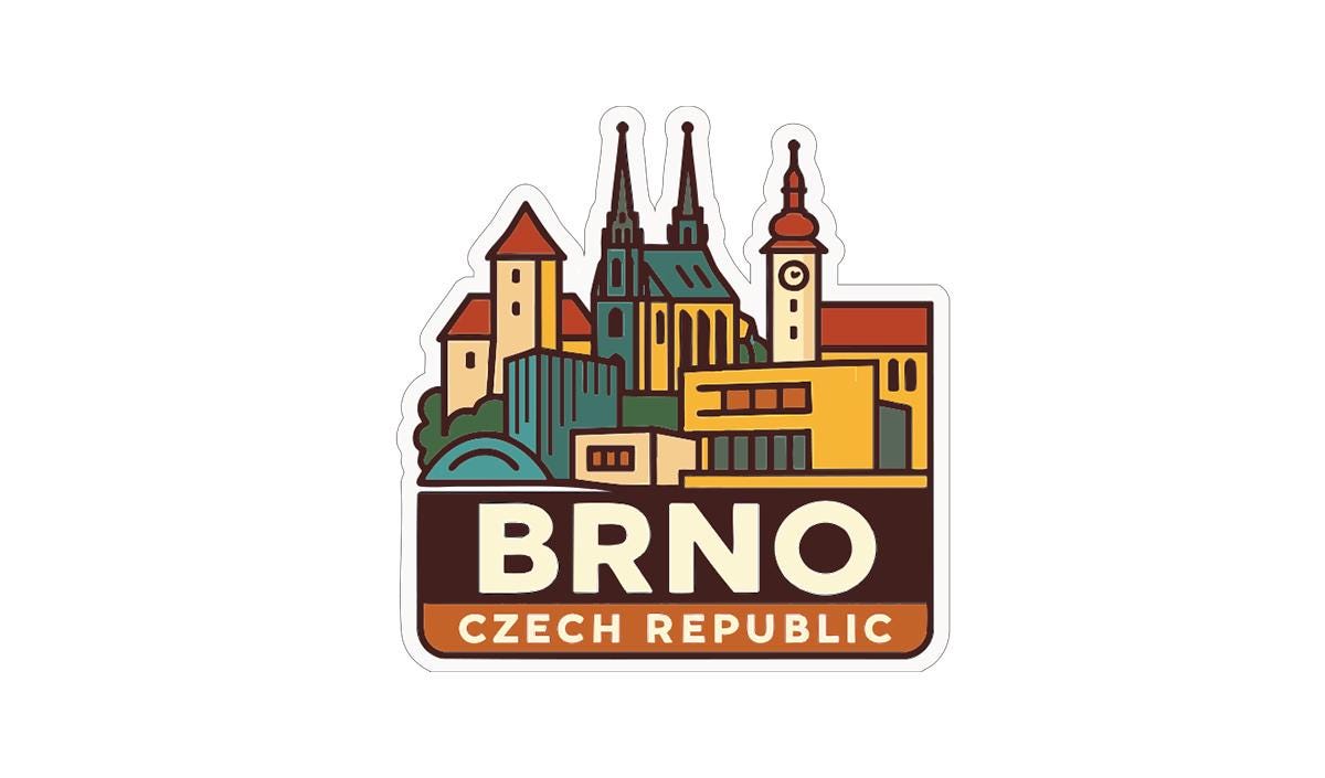 a sticker or logo with a stylized illustration of a city skyline, including a church with a clock tower, and the text "BRNO Czech Republic" below it.