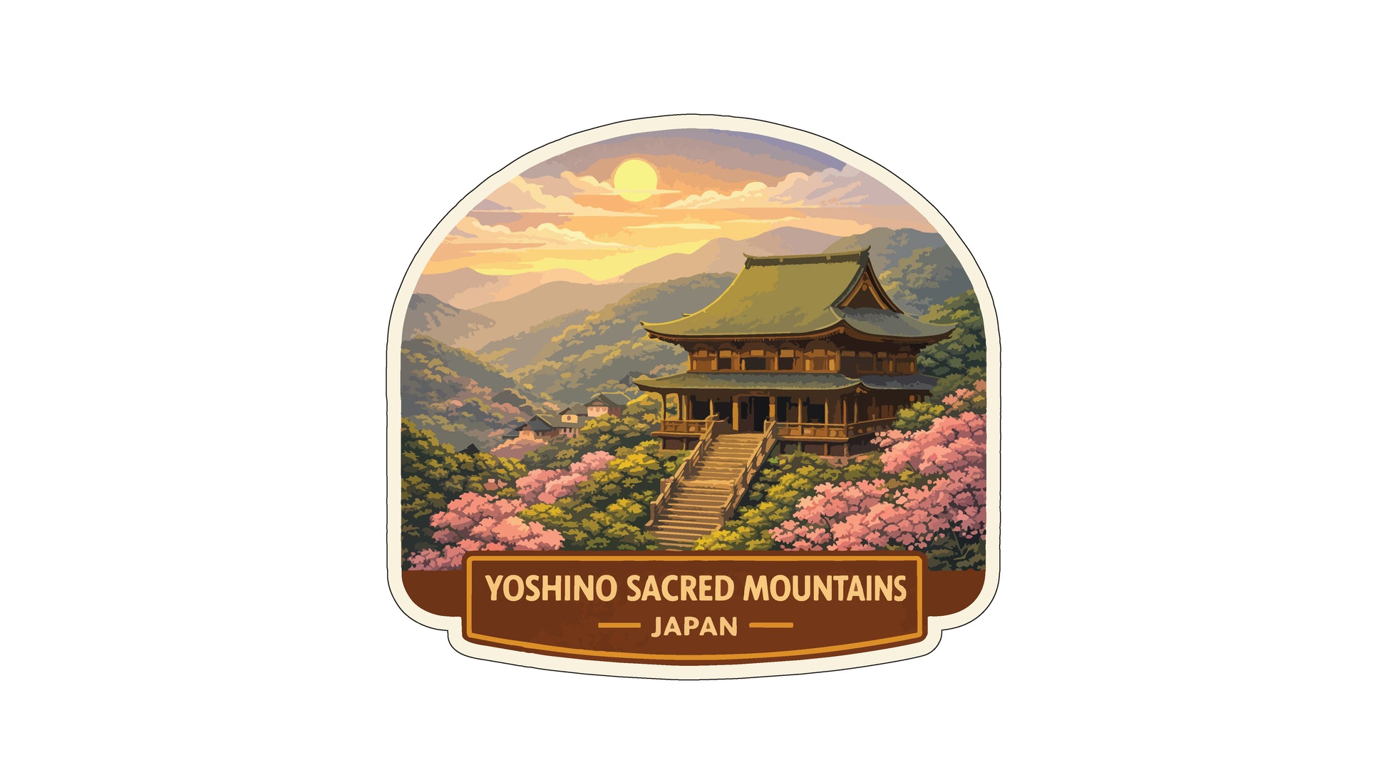 A sticker depicting the traditional Japanese temple of Yoshino Sacred Mountains in Japan, surrounded by a scenic landscape with mountains, trees, and a sunset sky.