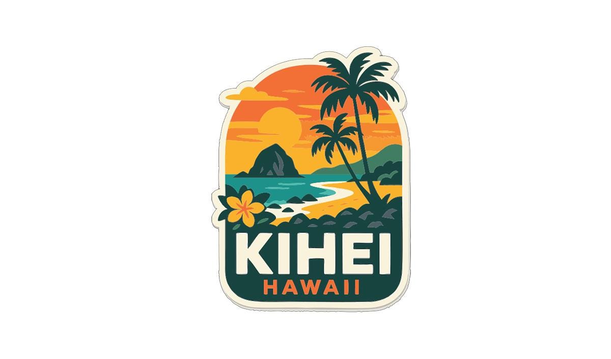 A sticker or emblem featuring a tropical beach scene with palm trees, a sunset, and a flower. The text "KIHEI HAWAII" is prominently displayed, indicating the location.
