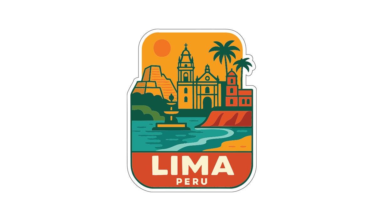 a sticker or emblem with a colorful illustration of a cityscape, including a church, palm trees, and a body of water. The text "LIMA PERU" is prominently displayed, indicating the location of the city.