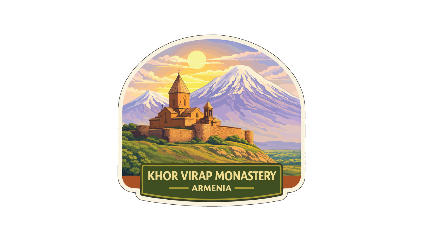 a sticker or label with a castle on a hill, surrounded by mountains and a sunset sky. The text below the image reads "KHOR VIRAP MONASTERY ARMENIA".