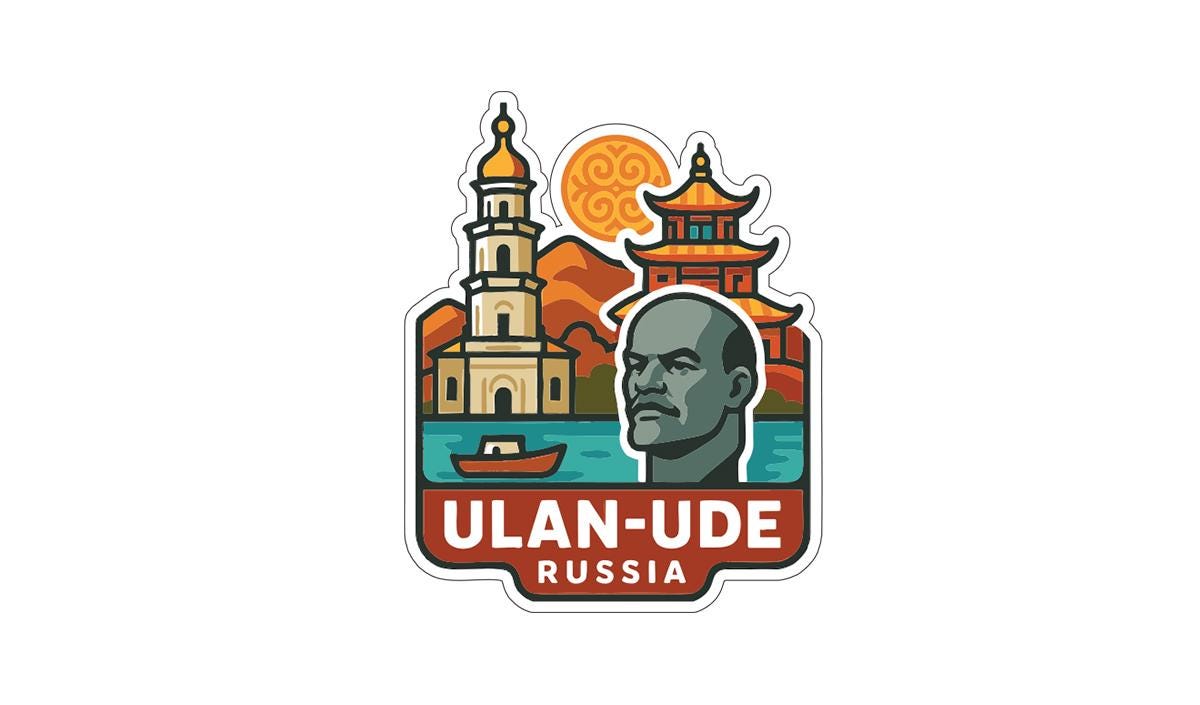 a stylized illustration of a man's head, surrounded by various landmarks and architectural elements, including a temple and a tower.