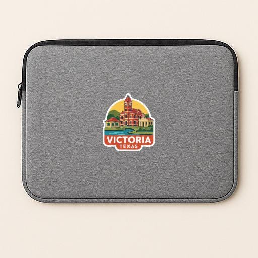 A gray laptop sleeve with a Victoria, Texas logo printed on it.
