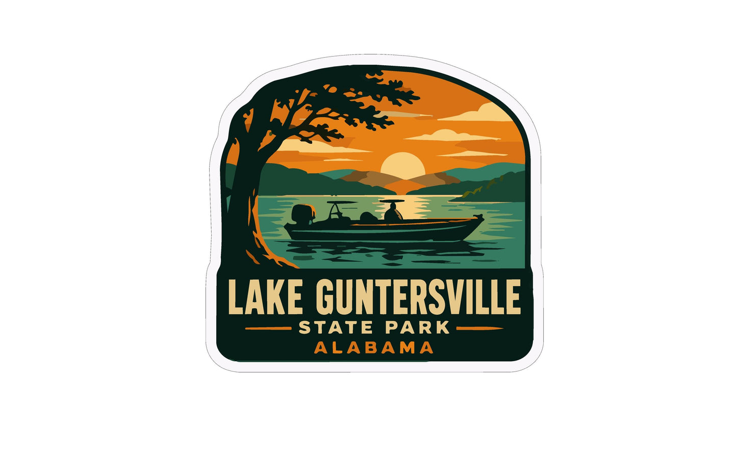 A sticker depicting a boat on a lake with a sunset in the background, surrounded by trees and mountains.