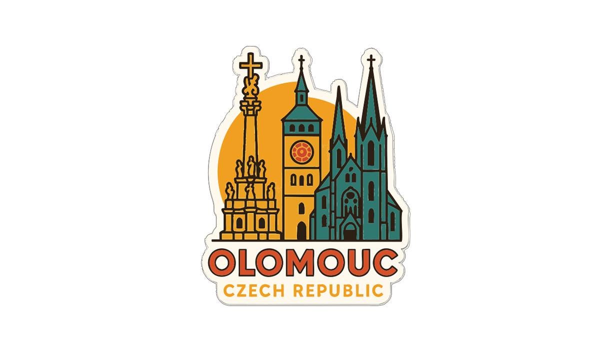 a sticker or logo depicting the city of Olomouc, Czech Republic, with various landmarks and buildings.