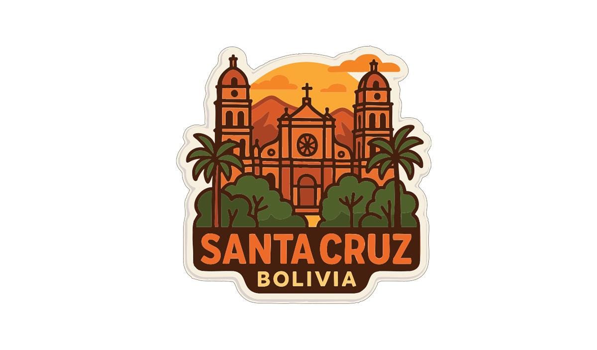 A sticker depicting Santa Cruz, Bolivia, with a church and palm trees in the background.