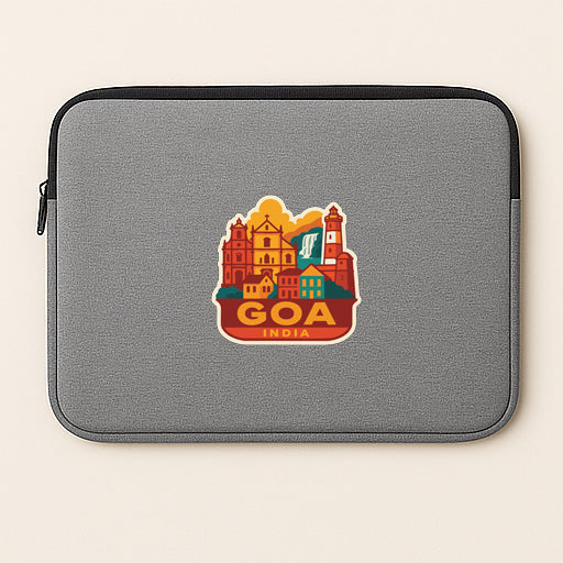 a gray laptop sleeve with a colorful sticker depicting a cityscape and the text "Goa, India".