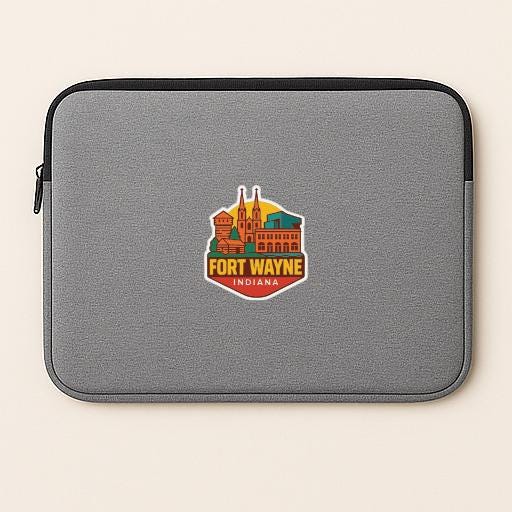 A gray laptop sleeve with a colorful sticker of Fort Wayne, Indiana, printed on it.