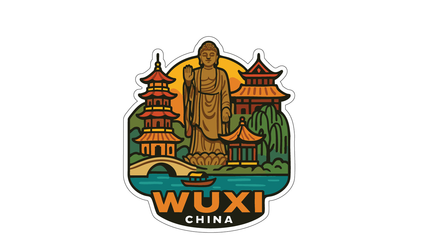A sticker or illustration depicting a statue of Buddha surrounded by traditional Chinese architecture, including pagodas and a temple, with the text "WUXI CHINA" prominently displayed.