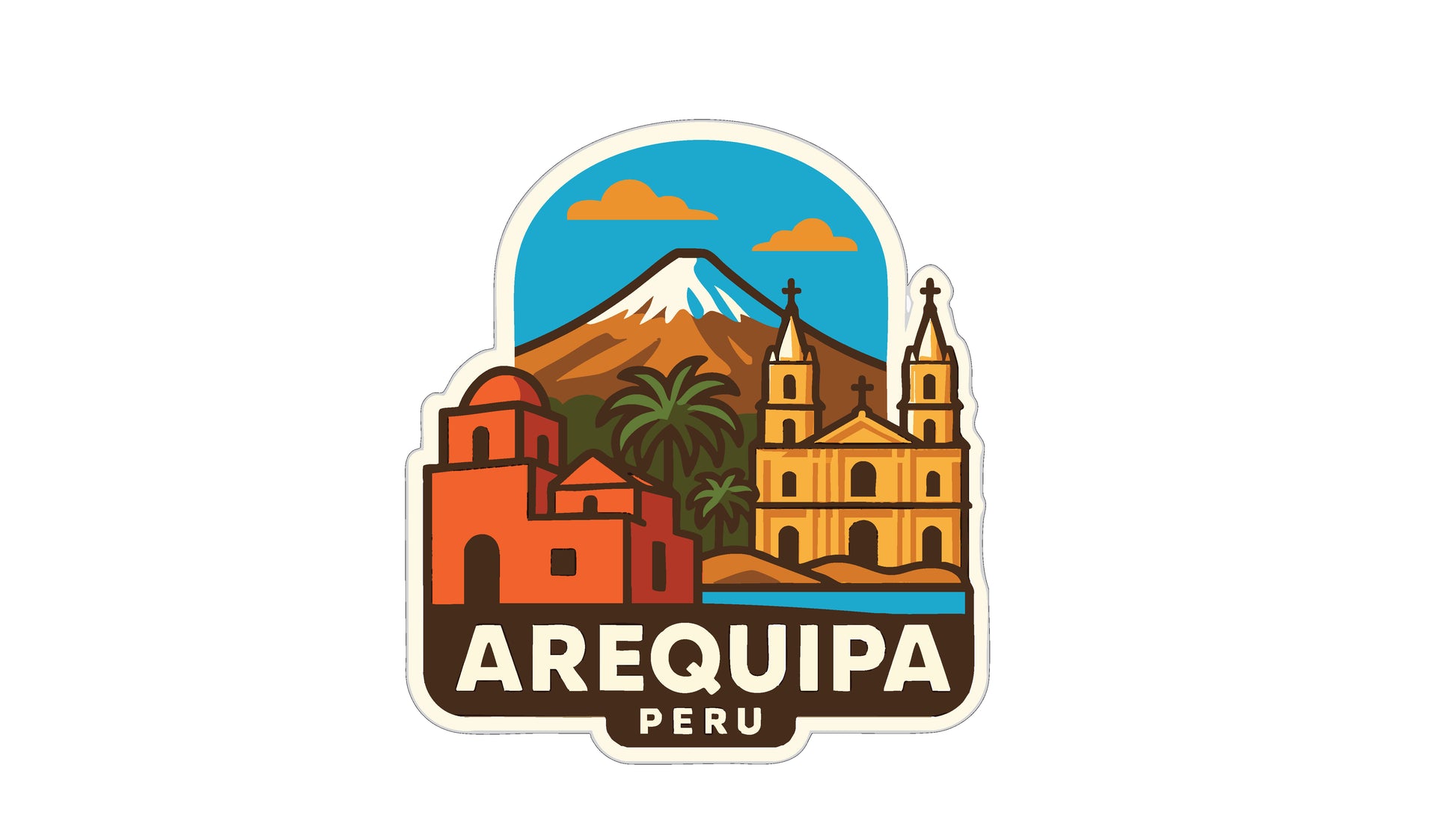 a sticker or emblem with a mountain, buildings, and text that says "AREQUIPA PERU".
