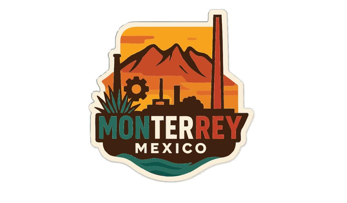 a colorful sticker or logo with the text "MONTERREY MEXICO" prominently displayed.