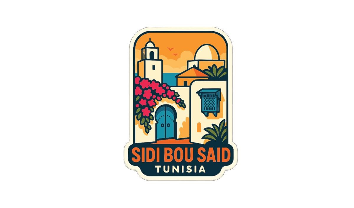 a sticker or label with a colorful illustration of a cityscape, including buildings, flowers, and a clock. The text "SIDI BOU SAID TUNISIA" is prominently displayed, indicating the location or name of the place.