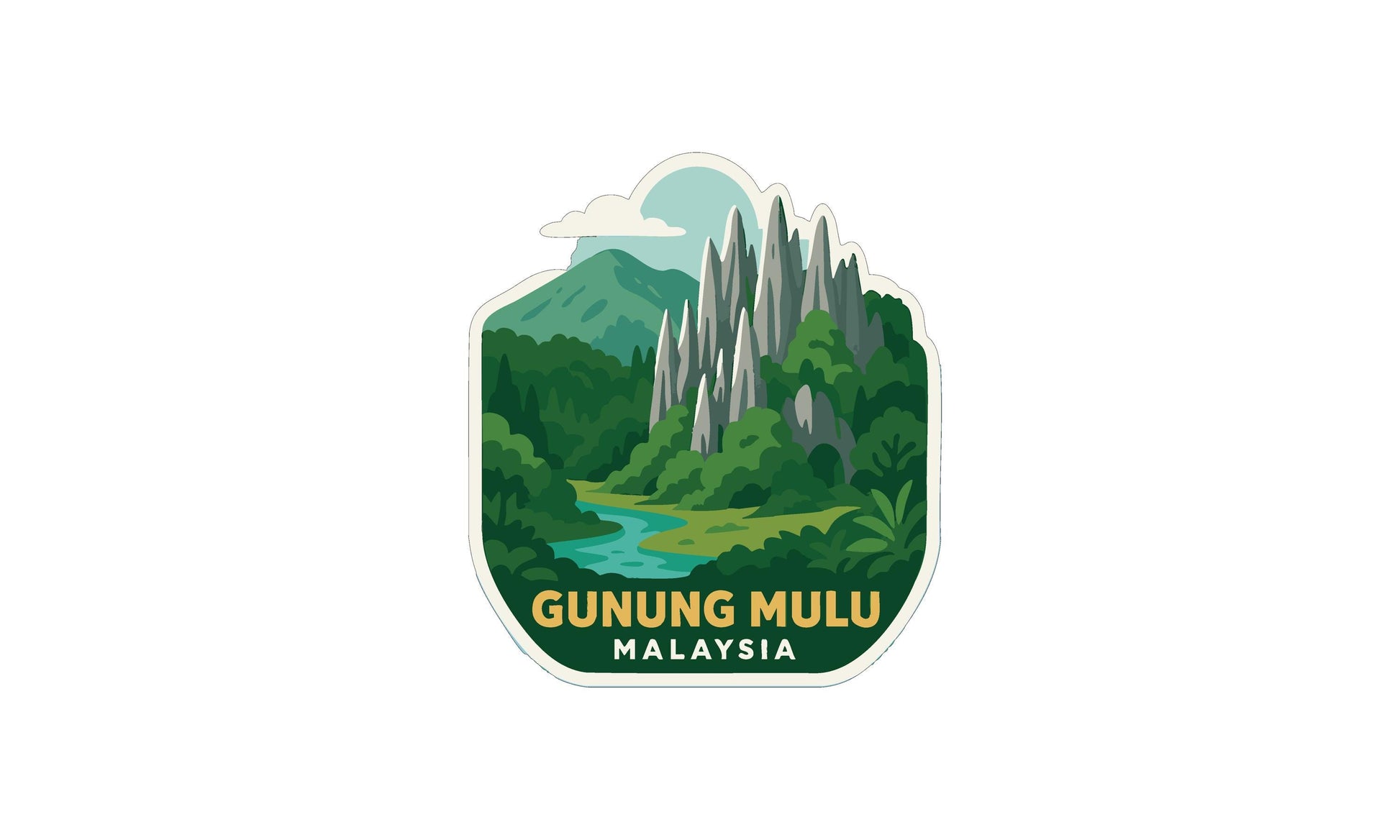 A sticker or emblem featuring a scenic landscape with mountains, a river, and lush vegetation, with the text "GUNUNG MULU MALAYSIA" prominently displayed.