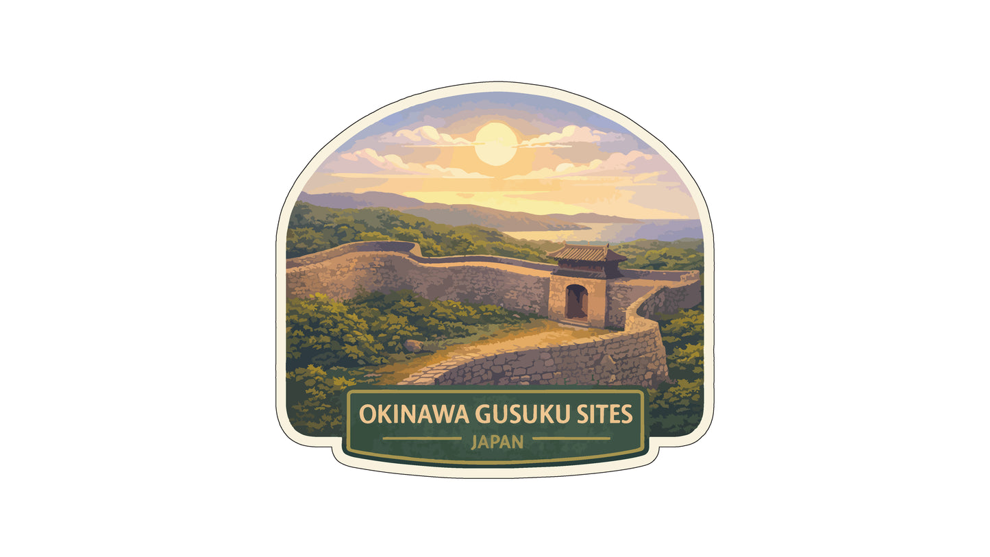 a scenic view of the Okinawa Gushoku Sites in Japan, with a stone wall and a temple structure in the foreground. The sky is filled with clouds, and the sun is setting, creating a picturesque landscape.