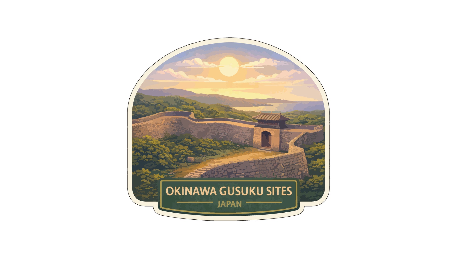 a scenic view of the Okinawa Gushoku Sites in Japan, with a stone wall and a temple structure in the foreground. The sky is filled with clouds, and the sun is setting, creating a picturesque landscape.