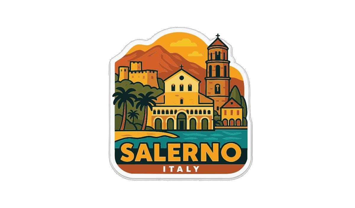 A sticker or illustration depicting the city of Salerno, Italy, with a church, palm trees, and mountains in the background.