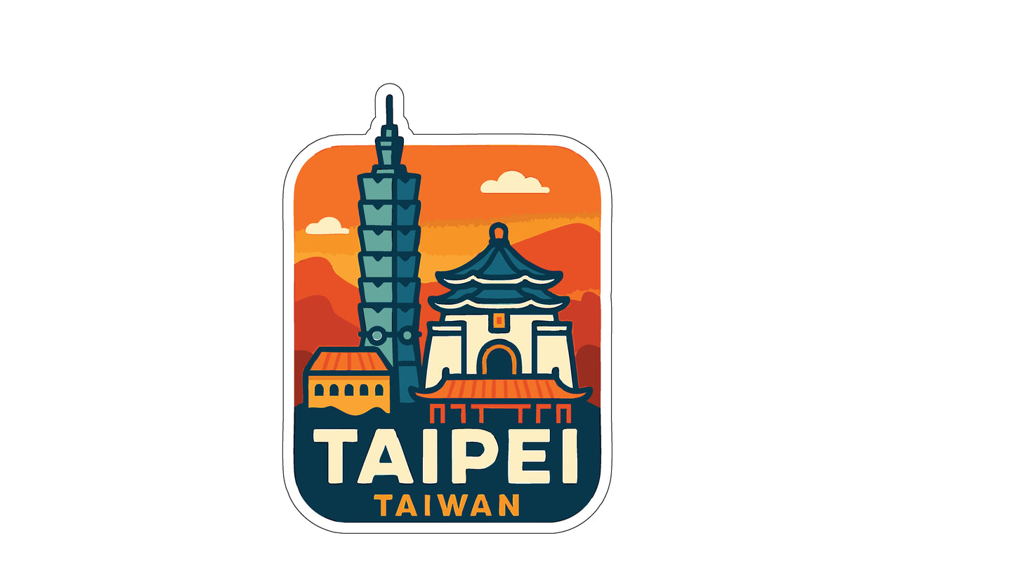 a sticker or label with the text "TAIPEI TAIWAN" and an illustration of a city skyline, including a tall tower and a temple.