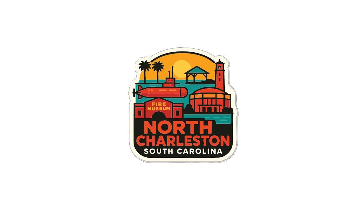 A colorful sticker depicting the city of North Charleston, South Carolina, with various landmarks and buildings.