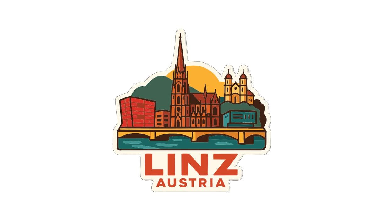 a stylized illustration of the city of Linz, Austria, with various landmarks and buildings depicted in a colorful and vibrant manner.