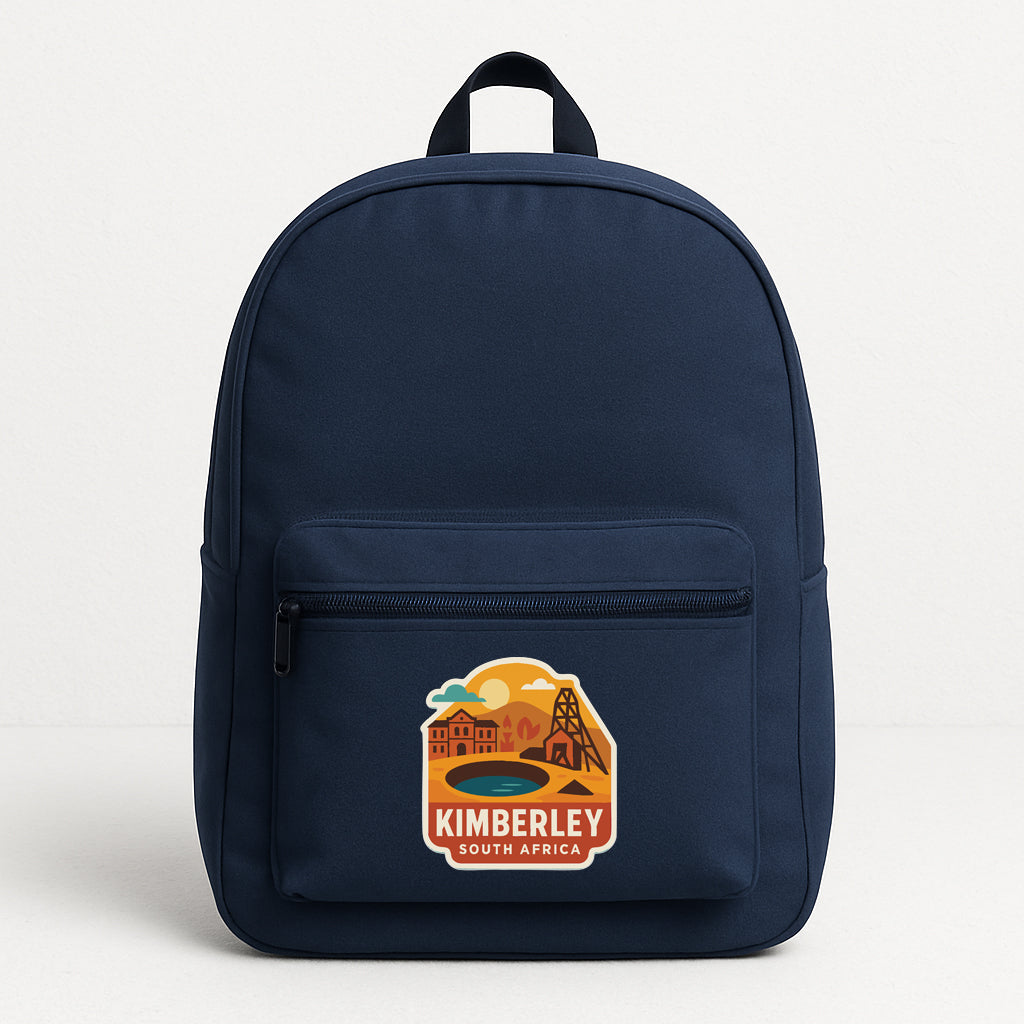 A navy blue backpack with a graphic of a landmark and text that says "KIMBERLEY SOUTH AFRICA".