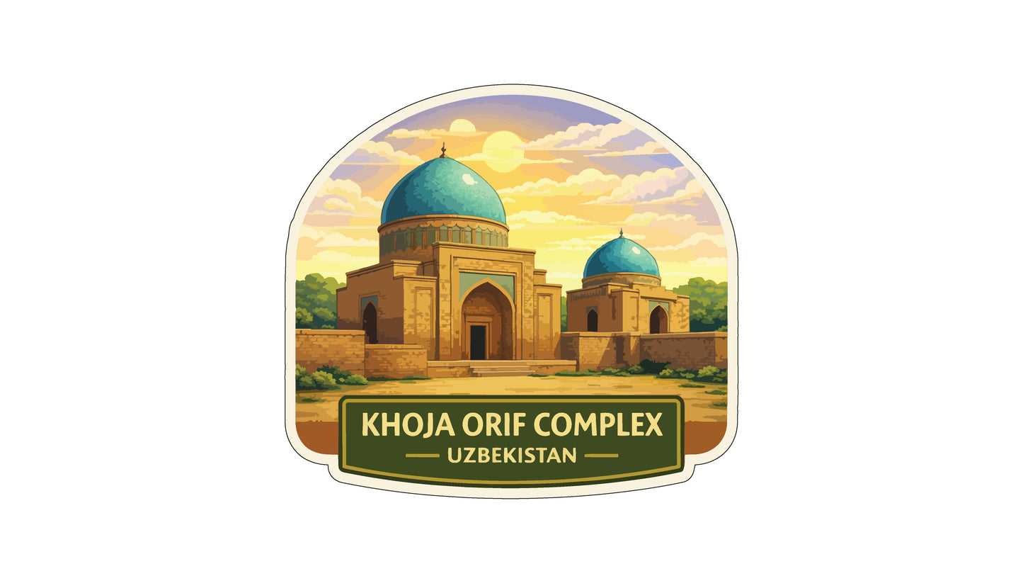 a large, ornate building with two domed roofs, surrounded by trees and a cloudy sky. The text below the image reads "KHOJA ORIF COMPLEX UZBEKISTAN".