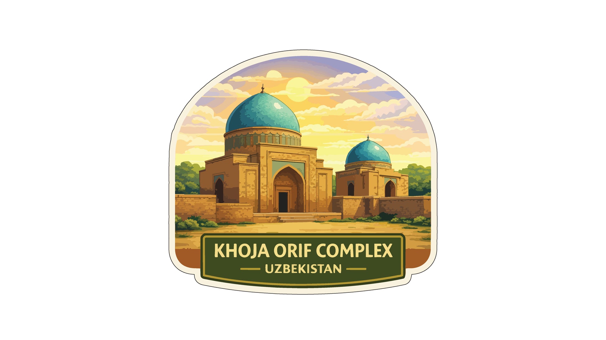 a large, ornate building with two domed roofs, surrounded by trees and a cloudy sky. The text below the image reads "KHOJA ORIF COMPLEX UZBEKISTAN".