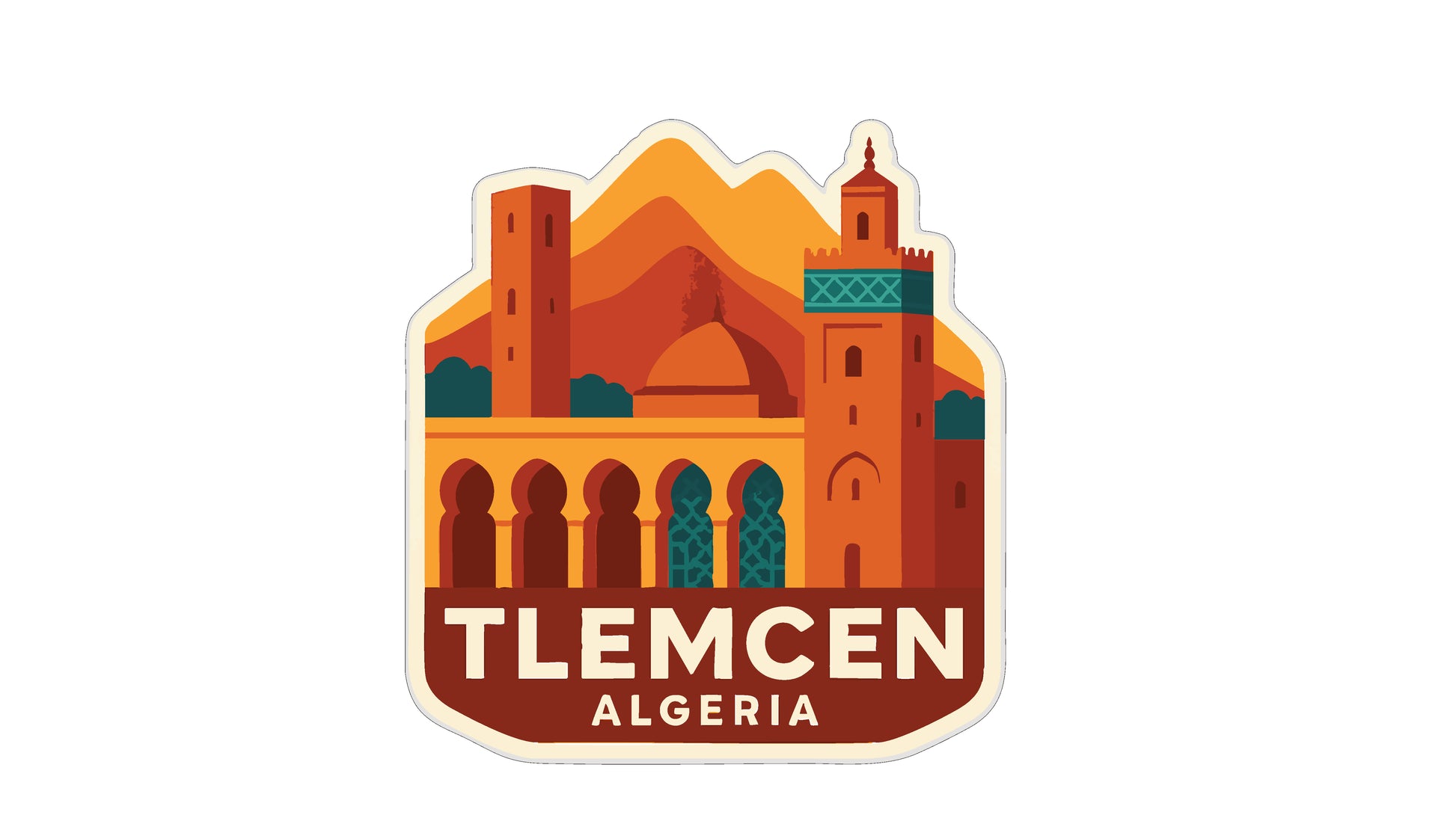 a stylized illustration of a cityscape with a prominent tower, surrounded by mountains and other architectural elements. The text "TLEMCEN ALGERIA" is prominently displayed in the center of the image.