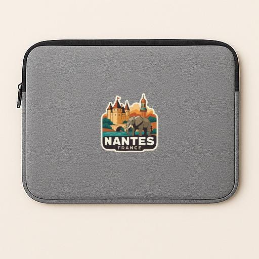 A gray laptop sleeve with a sticker depicting a castle and an elephant, along with the text "Nantes France".