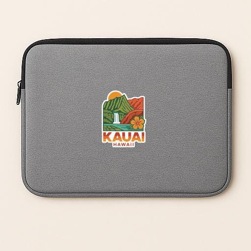 A gray laptop sleeve with a colorful graphic of a Hawaiian landscape and the text "Kauai Hawaii" printed on it.