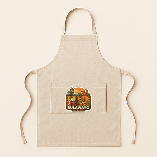 A beige apricot with a graphic design of a cityscape and the text "BULAWAYO" printed on it.