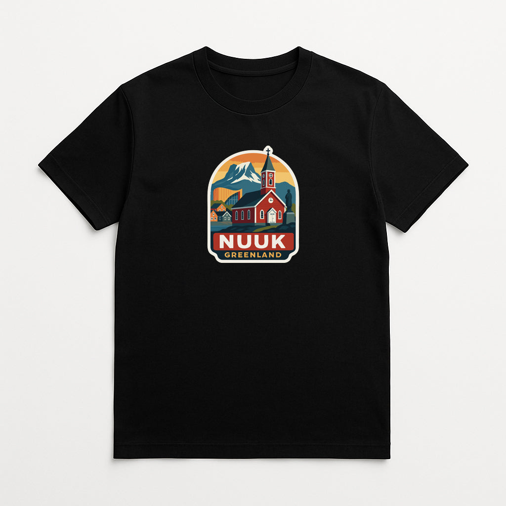 A black t-shirt with a graphic design depicting a church and mountains, along with the text "NUUK GREENLAND".