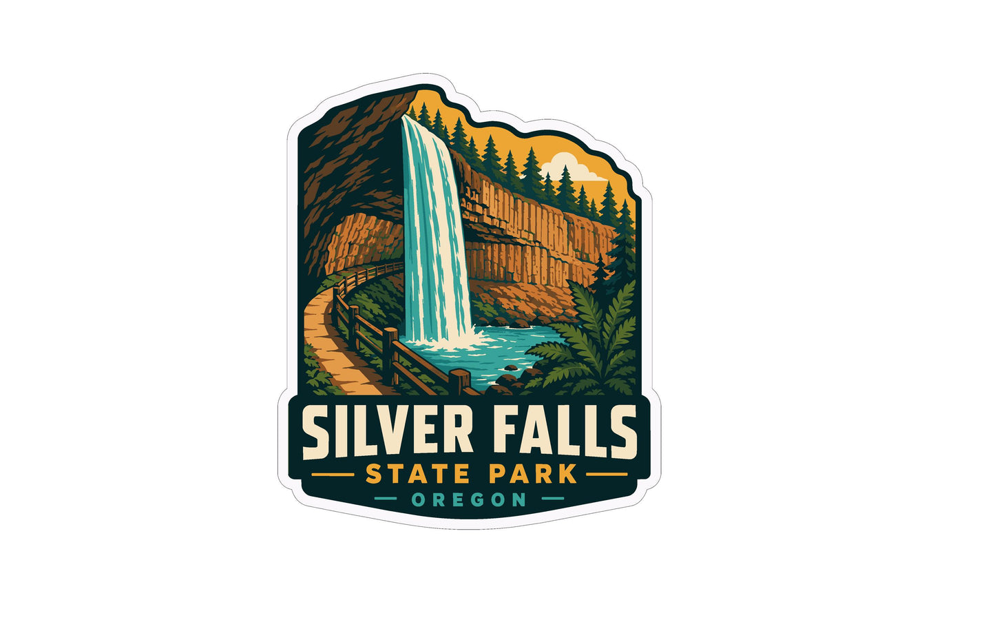 A sticker or emblem featuring a waterfall surrounded by a forest and mountains, with the text "Silver Falls State Park - Oregon" prominently displayed.
