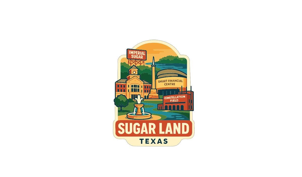 a colorful illustration of Sugar Land, Texas, with various landmarks and buildings depicted.