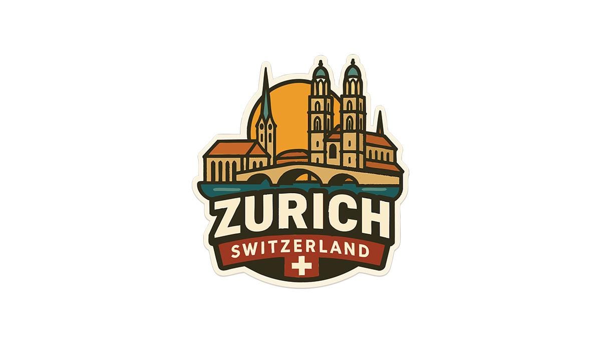 a sticker with a picture of a city on it