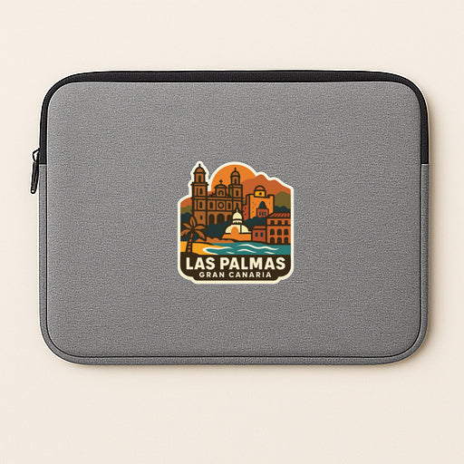 A gray laptop sleeve with a sticker depicting the cityscape of Las Palmas, Gran Canaria.
