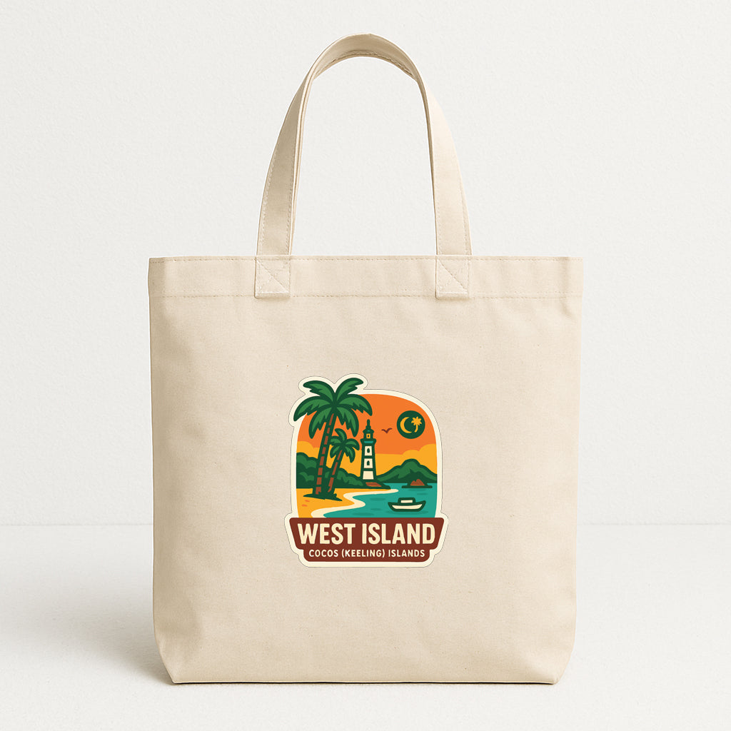 A beige tote bag with a graphic design depicting a tropical island scene, including palm trees, a lighthouse, and a sunset.