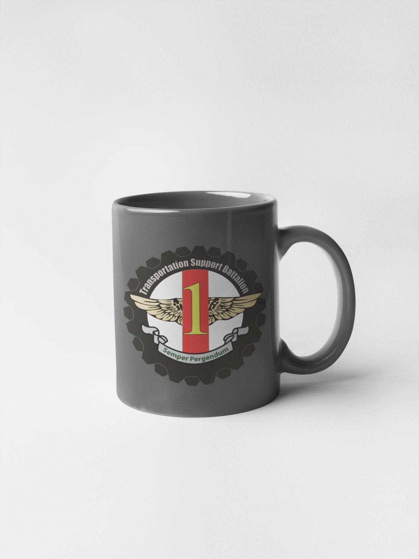 a black coffee mug with the number one on it