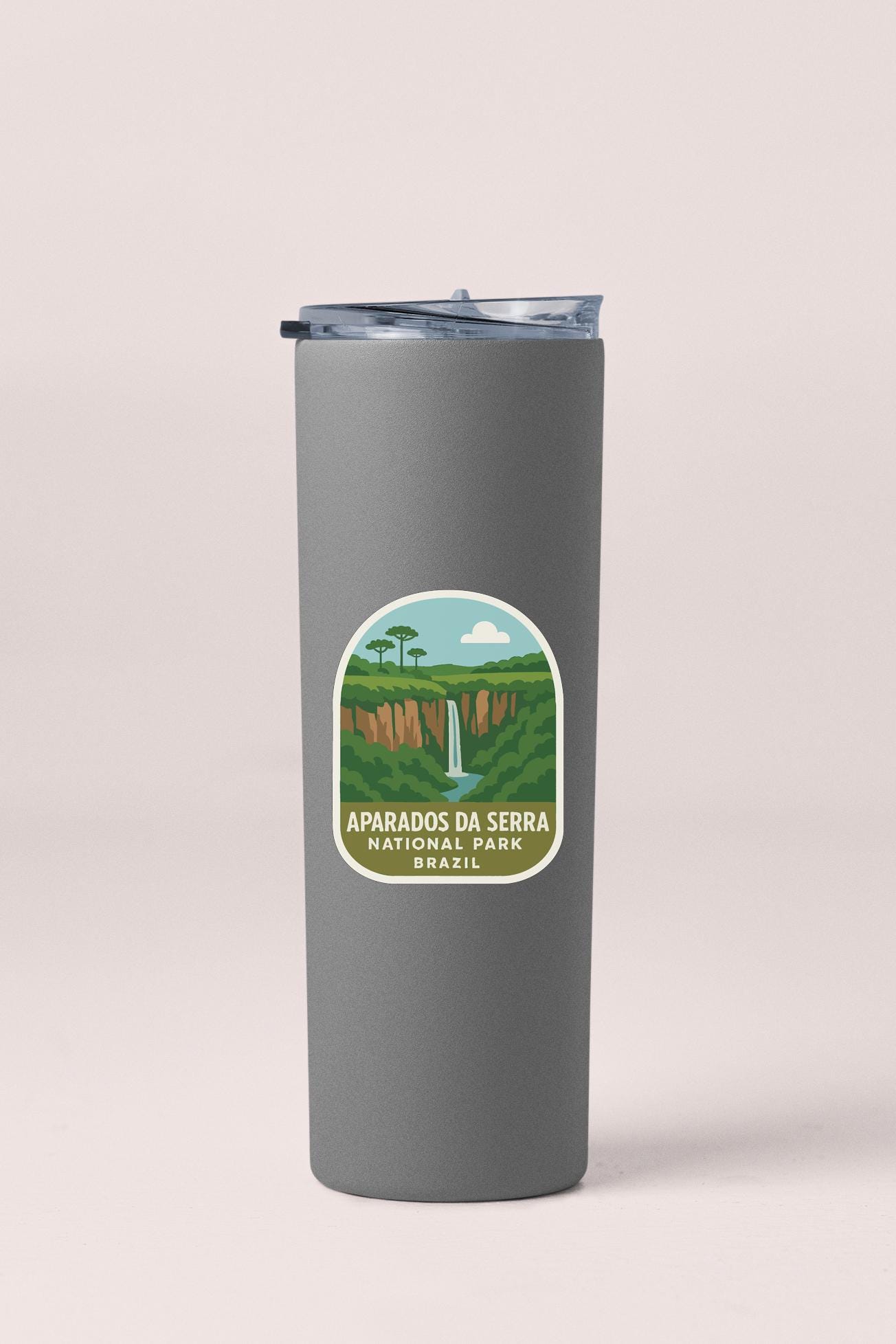 A gray tumbler with a label that says "Aparados da Serra Naturaleza, Brazil".