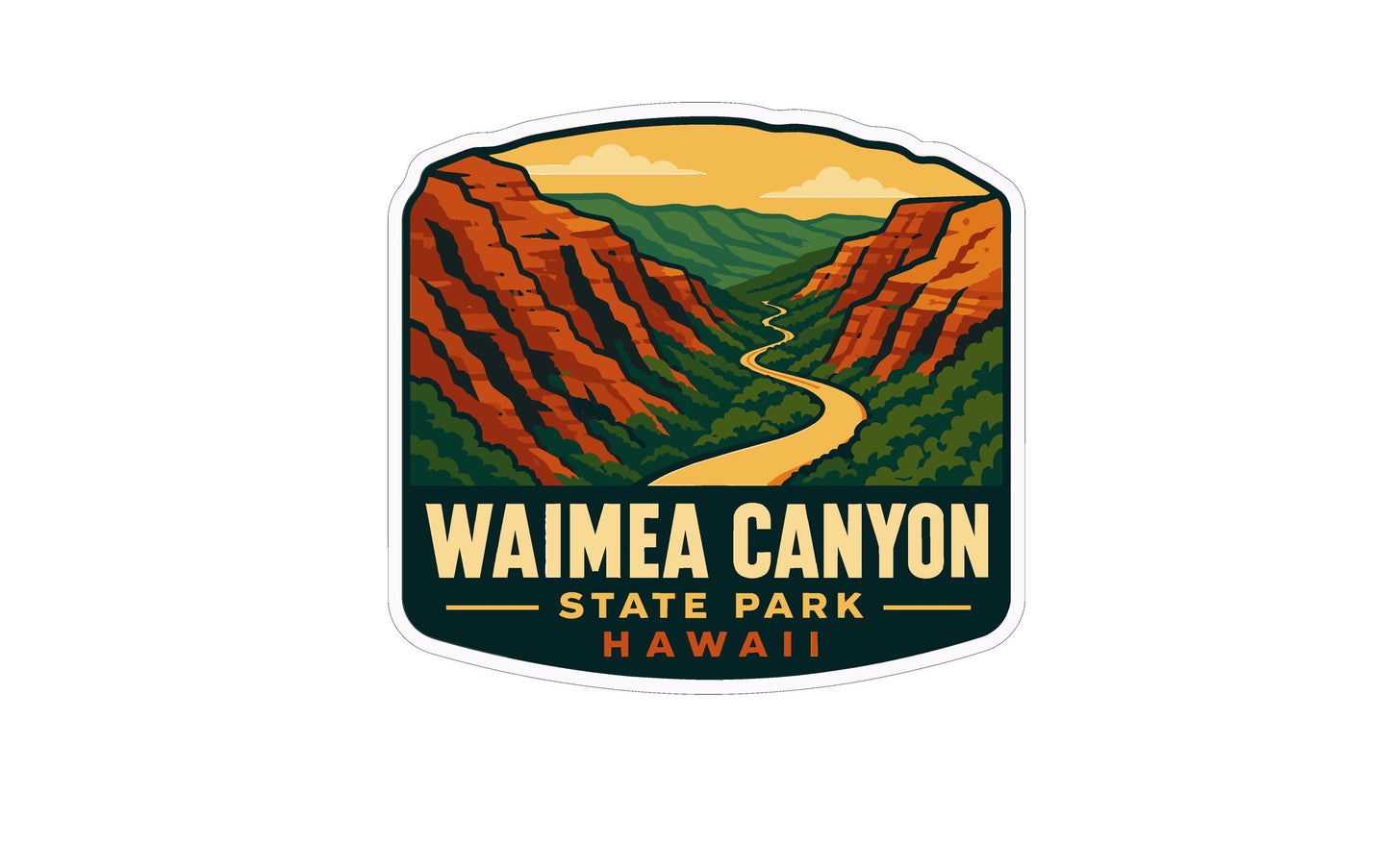 A sticker or emblem featuring a scenic landscape with mountains, a winding road, and a cloudy sky, with the text "WAIMEA CANYON STATE PARK HAWAII" prominently displayed.