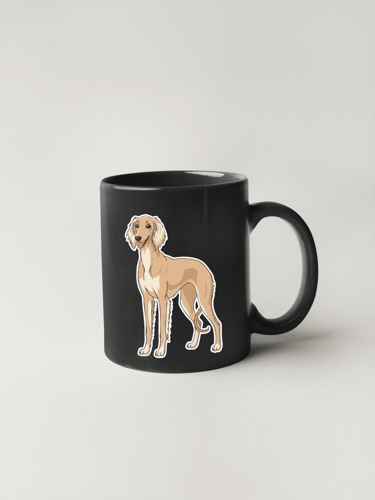 A black mug with a cartoon illustration of a dog on it.