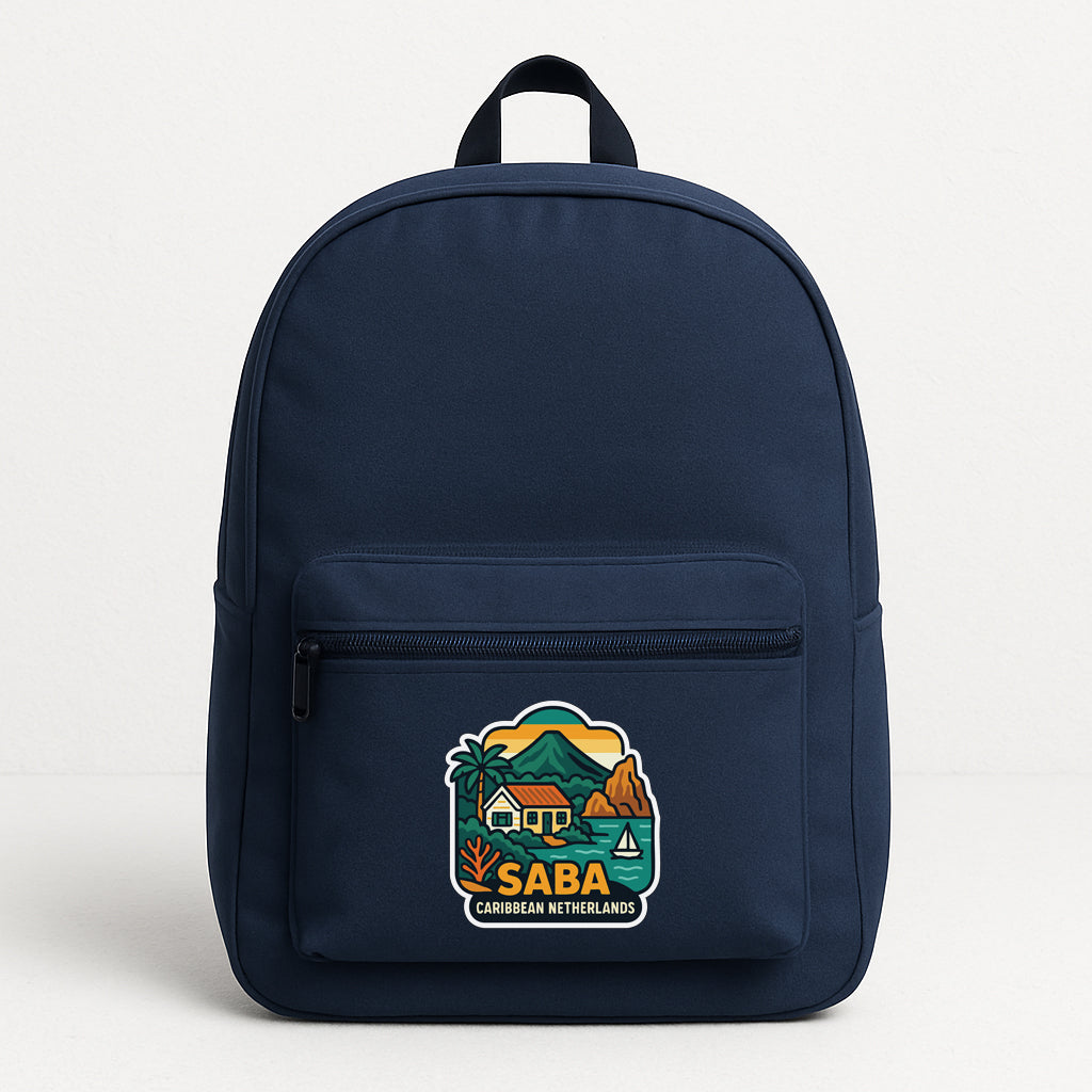 A navy blue backpack with a graphic design on the front pocket, depicting a tropical island landscape with palm trees, mountains, and a house.