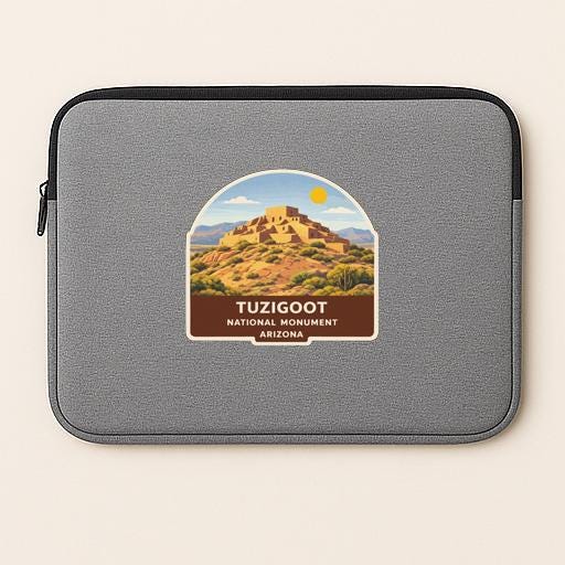 A gray laptop sleeve with a label that says "Tuzigoot National Monument Arizona".