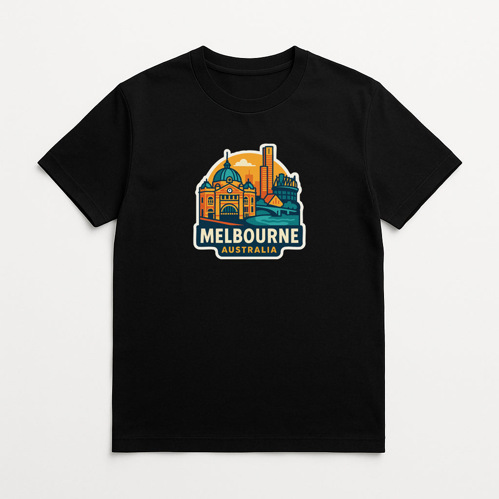 A black t-shirt with a graphic design depicting the Melbourne, Australia skyline, including the Melbourne Cathedral and other iconic landmarks.