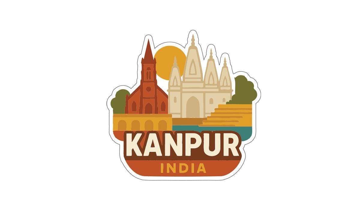 a sticker or logo with the text "KANPUR INDIA" prominently displayed. The sticker includes various architectural elements, such as a church, a tower, and a bridge, representing the city of Kanpur in India.