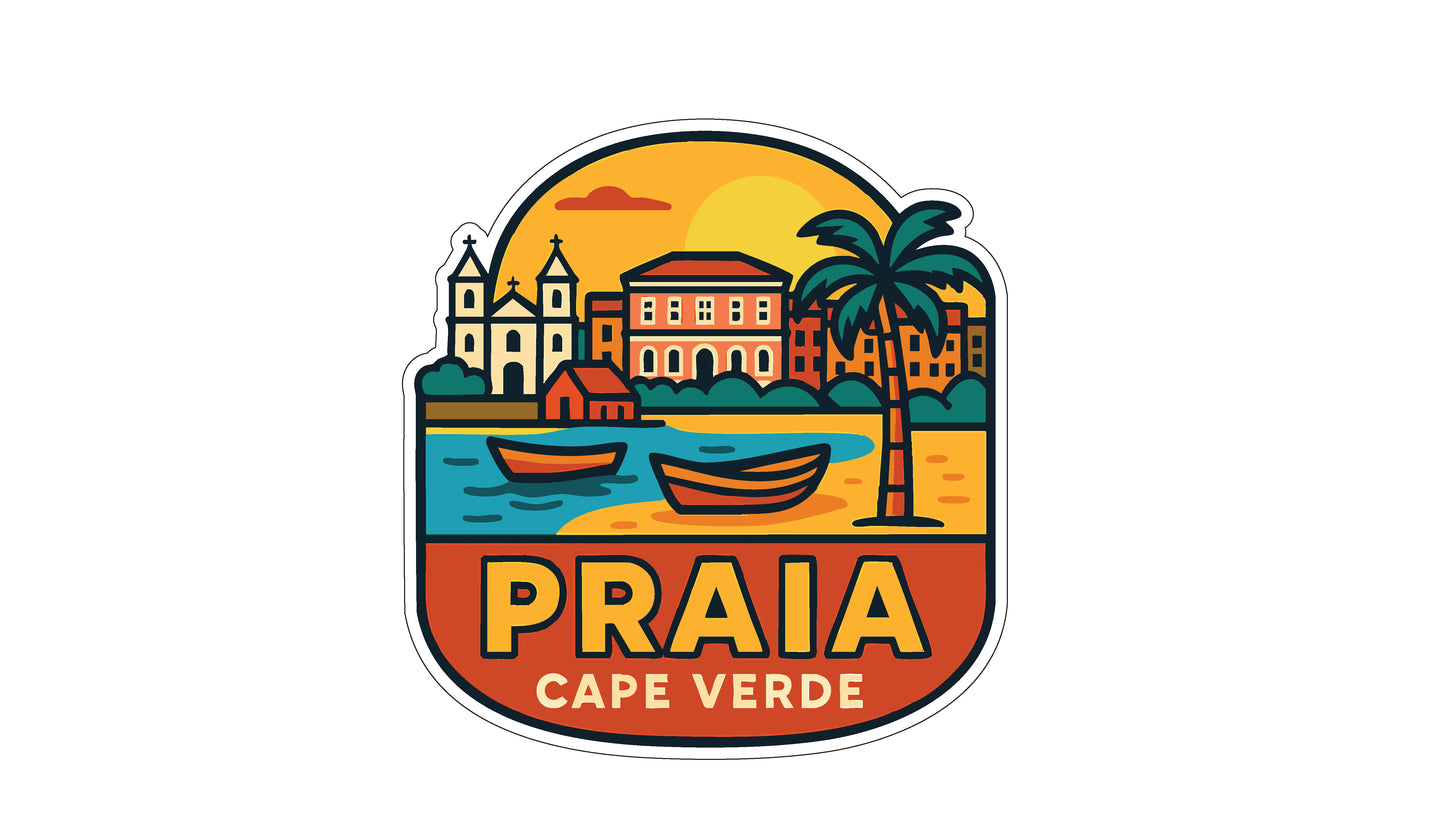 a colorful illustration of a coastal city with palm trees, boats, and buildings, along with the text "PRAIA CAPE VERDE".